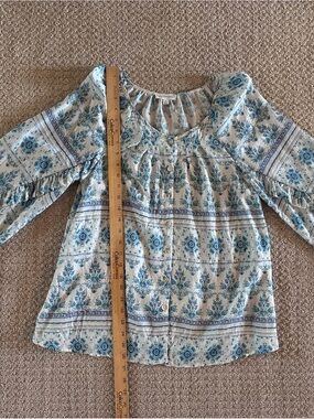 Women' Blue hues Floral Peasant Top - Lightweight Button Front Shirt